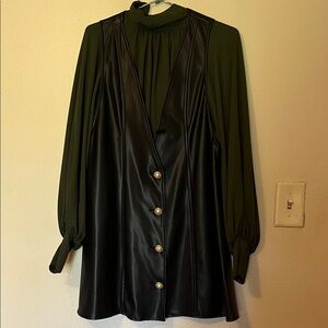 Black Faux Leather pinafore mini  dress with Gold Pearl Buttons